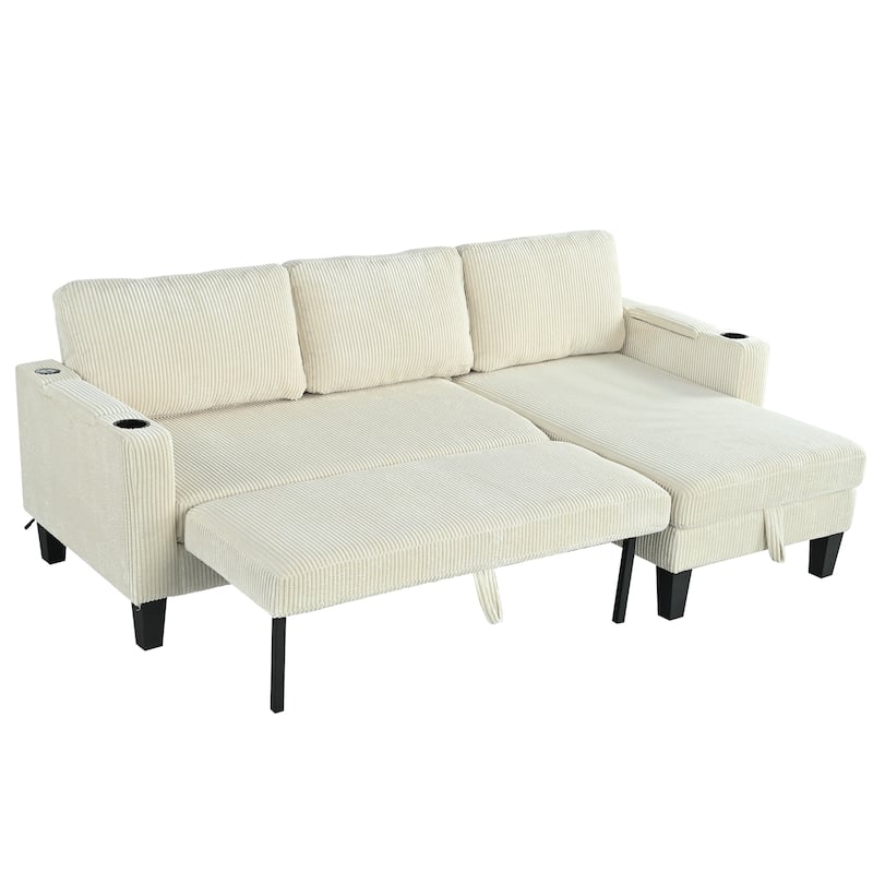 82.5" Corduroy Reversible Sectional Sofa with Storage Chaise, USB Ports, and Convertible Sleeper