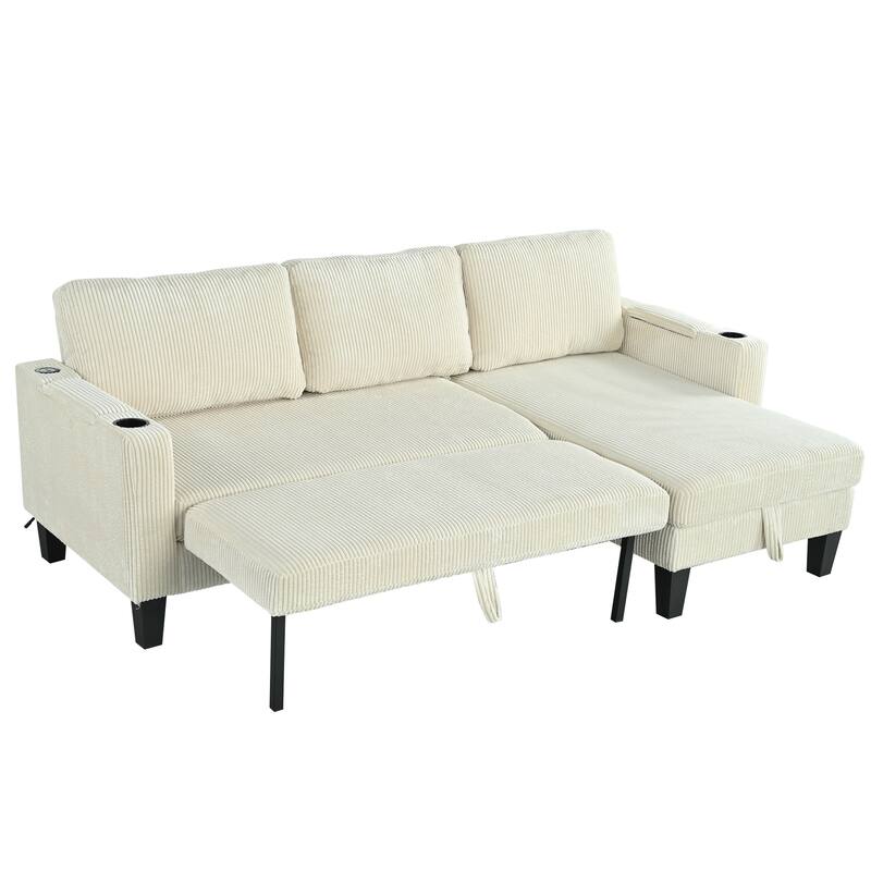 Reversible L-Shaped Beige Corduroy Sleeper Sofa with Storage, Cup Holder & USB Ports