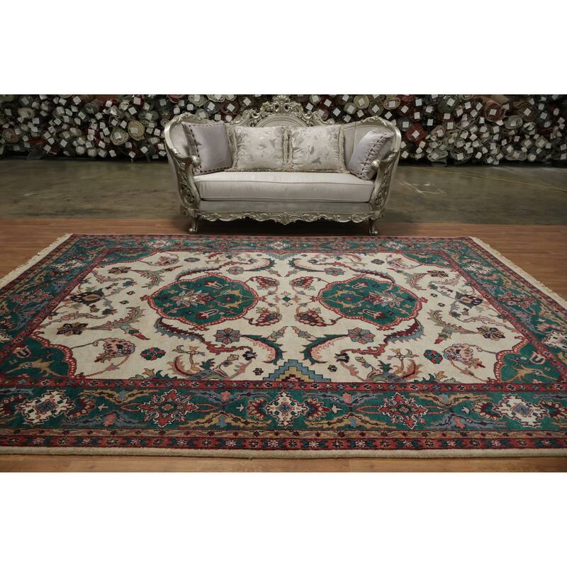 Hand Knotted Oriental 100% Wool Carpet Traditional Floral Beige & Ivories Agra Area Rug - 12' 0'' X 9' 0''