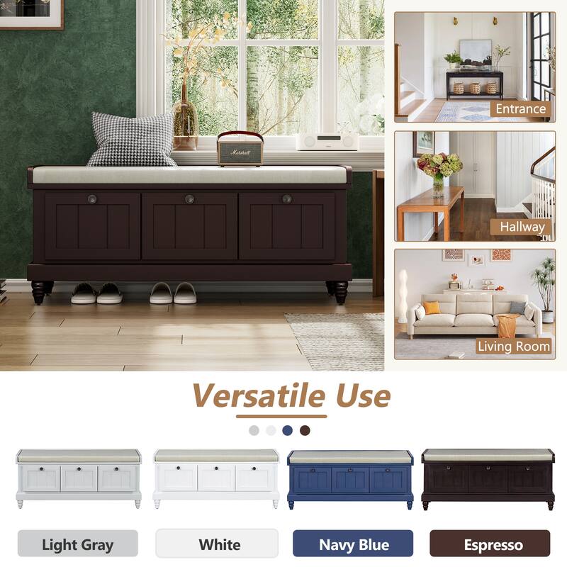 Classic Storage Bench with Cushioned Seat and 3 Drawers