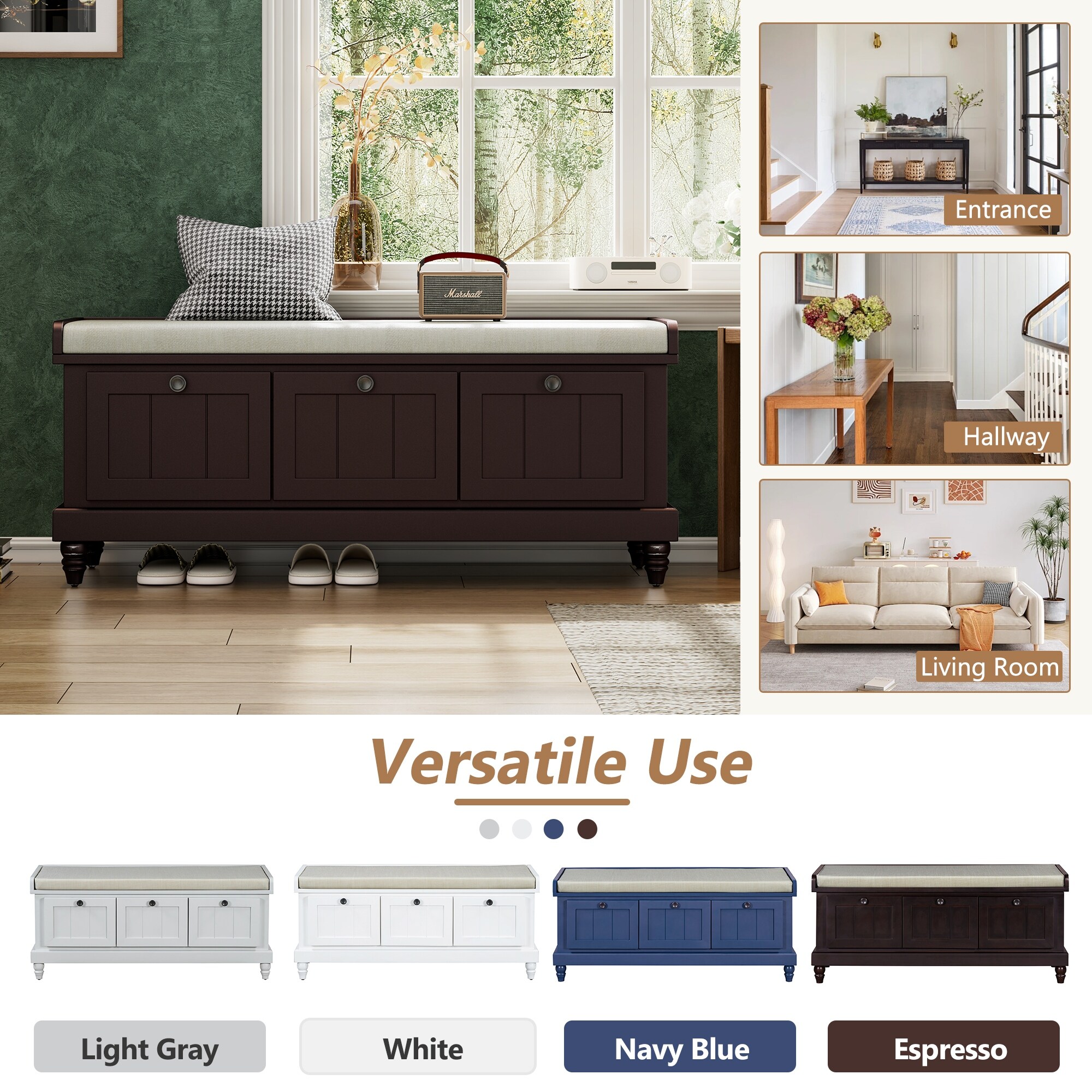 Classic 1 Piece Storage Bench with Hidden Storage Compartment - On