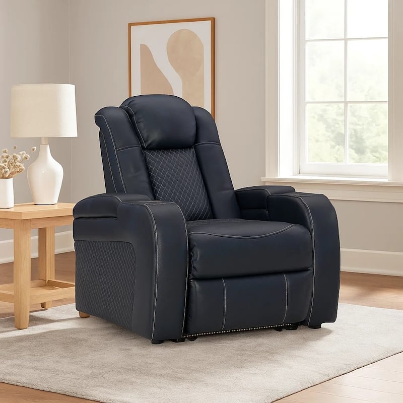 Fynne LED Power Recliner Chair, USB Port, Sapphire Blue Faux Leather