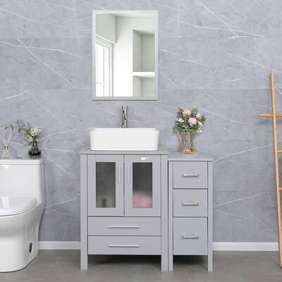 36" Bathroom Vanity Sink Gray Set with Side Cabinet Vessel Sink Mirror Faucet Combo