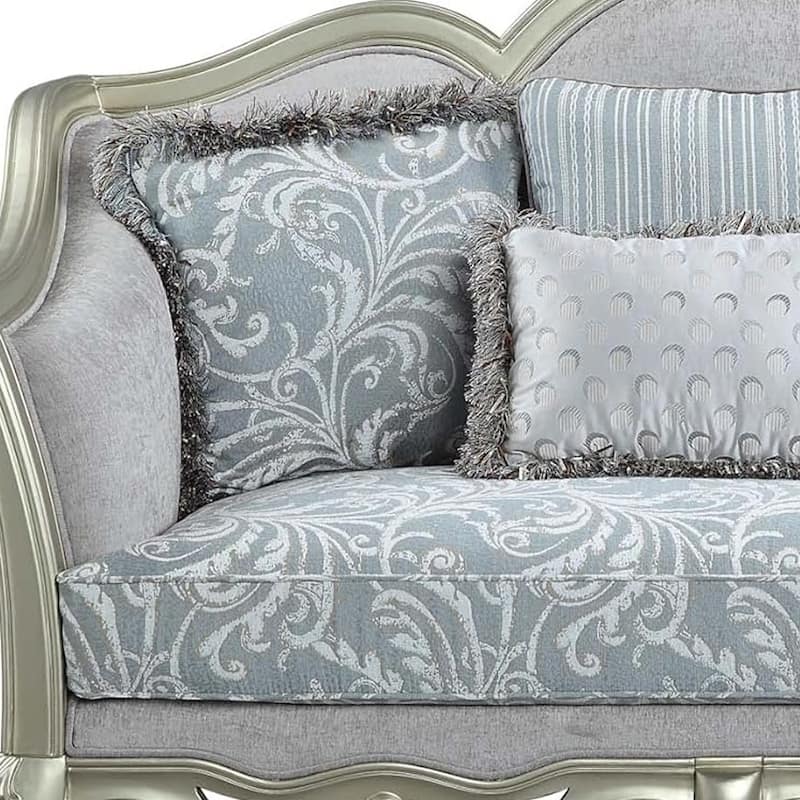 HomeRoots 66" Light Gray And Champagne Linen Damask Loveseat and Toss Pillows - 66.00 in. x 42.00 in. x 36.00 in.