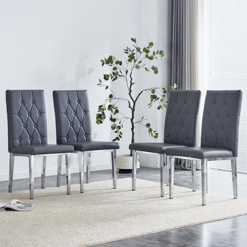 4 Piece Set of Armless Dining Chairs with Grid Quilted Back and Metal Legs - Dark Gray,Silver