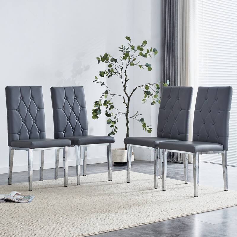 High Back Dining Chair Set of 4 Button Plaid Tufted Soft Cushion Side Chair Living Room Accent Chair Armless Chair - Gray
