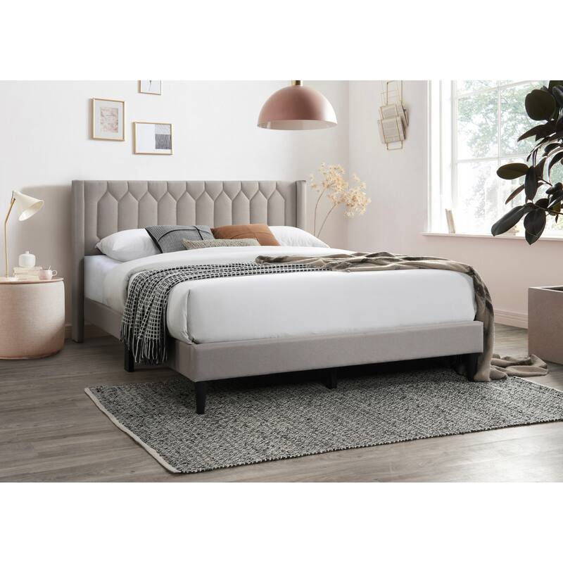 Queen Size Platform Bed with Diamond Tufted Headboard in Light Brown Burlap Fabric