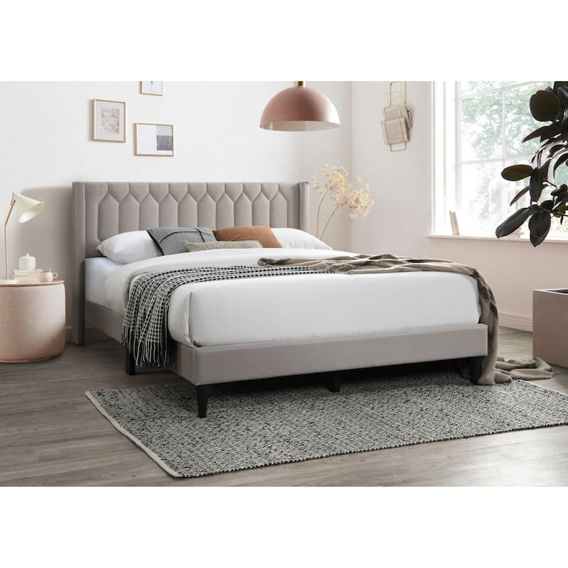 Queen Size Upholstered Platform Bed with Diamond Stitch Headboard and Modern Platform Design