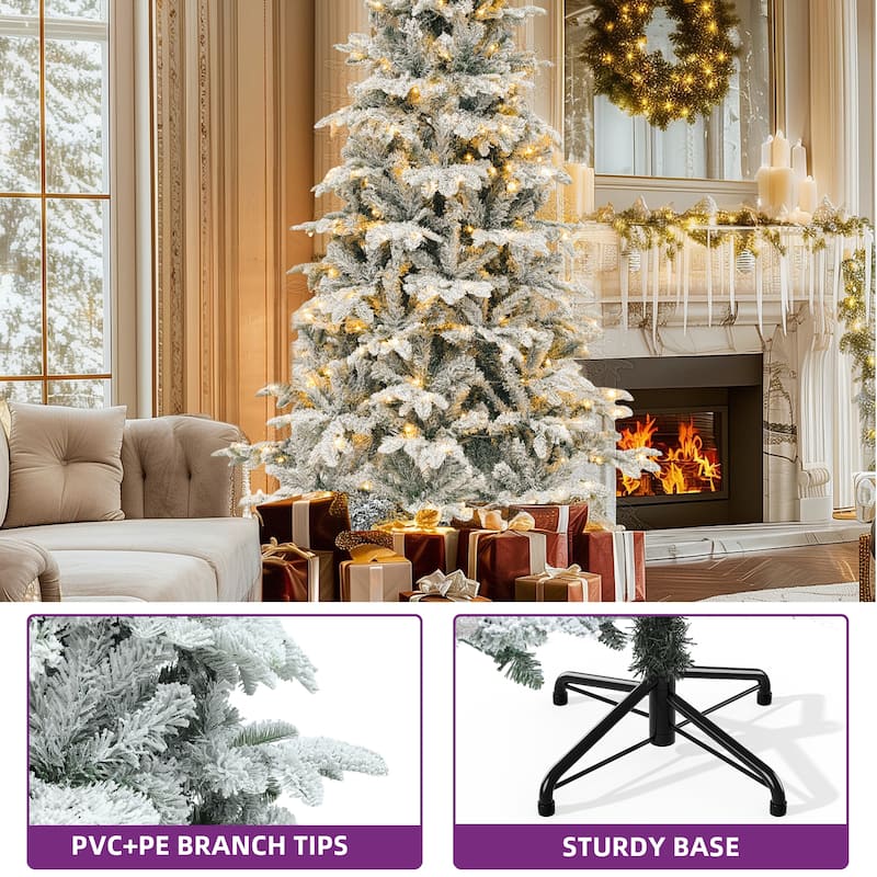 6.5 Ft Pre-Lit Snow Flocked Christmas Tree with 760 Mixed Branch Tips and 350 Lights