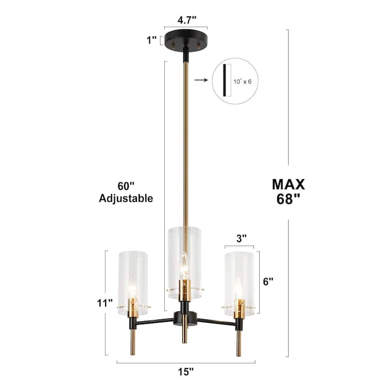 Alva Modern Farmhouse 3-Light Black Gold Chandelier Glass Pendant Light for Dining Room
