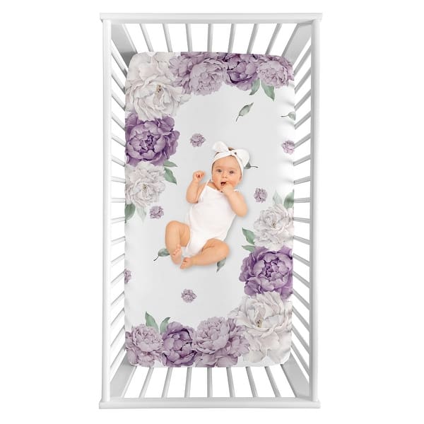 slide 2 of 4, Sweet Jojo Designs Lavender Purple Boho Shabby Chic Floral Girl Photo Op Fitted Crib Sheet Ivory Bohemian Vintage Watercolor