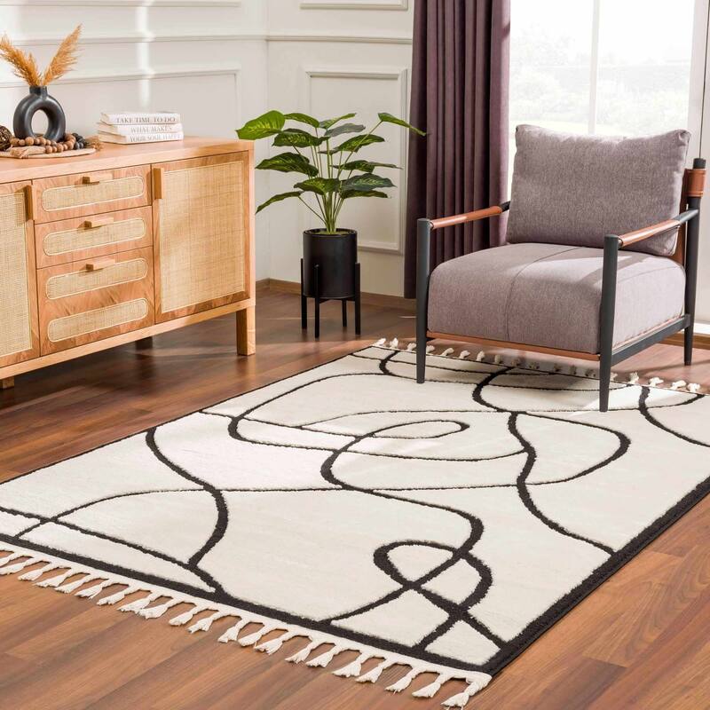 Hauteloom Azana Living Room, Bedroom Area Rug - Farmhouse - High Pile - Bone,Black - 5'3" x 7'