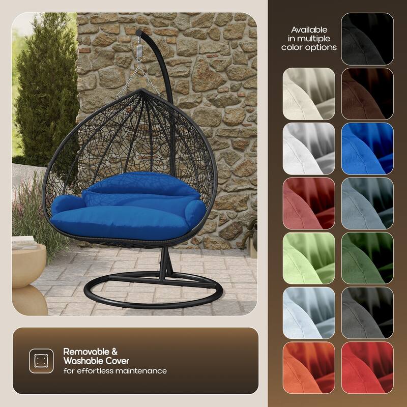 2-Person Outdoor Hanging Egg Chair with Teardrop Frame, Weather-Resistant Cotton Cushioned Seat for Patio and Indoor Use
