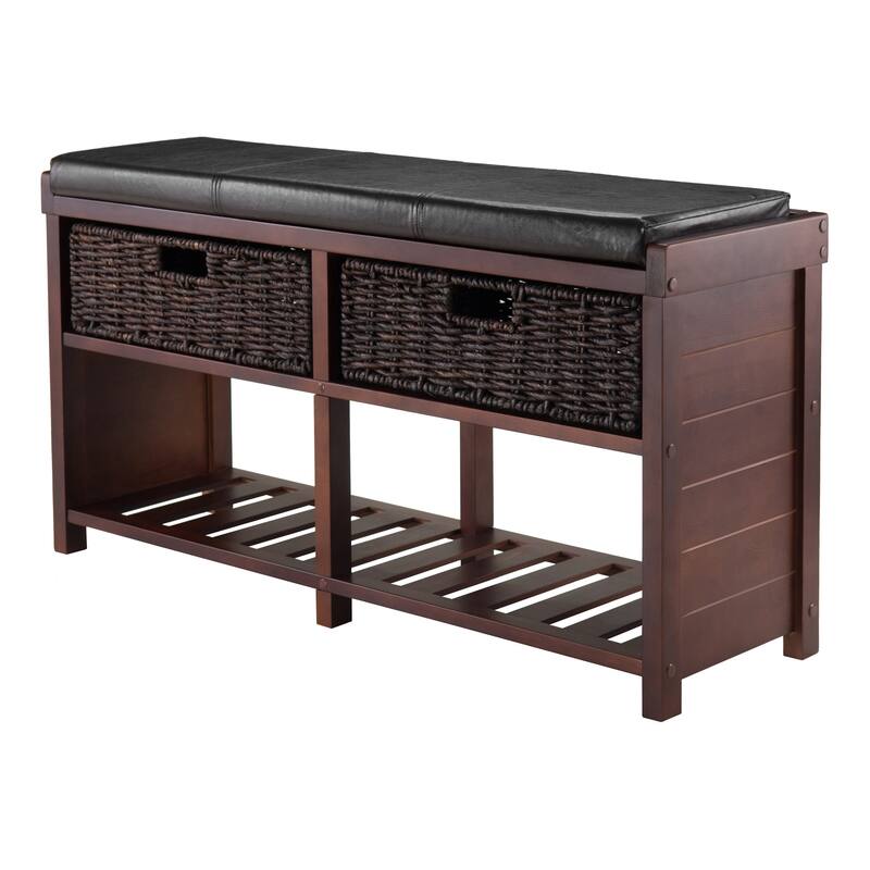 38" Brown Cushion Bench with Corn Husk Baskets