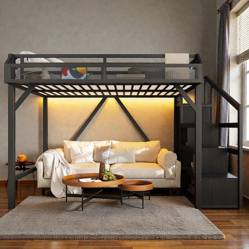 Metal Loft Bed with Storage Stairs, Wardrobe and Shelves, USB Ports and LED Lights, Noise Reduced Frame