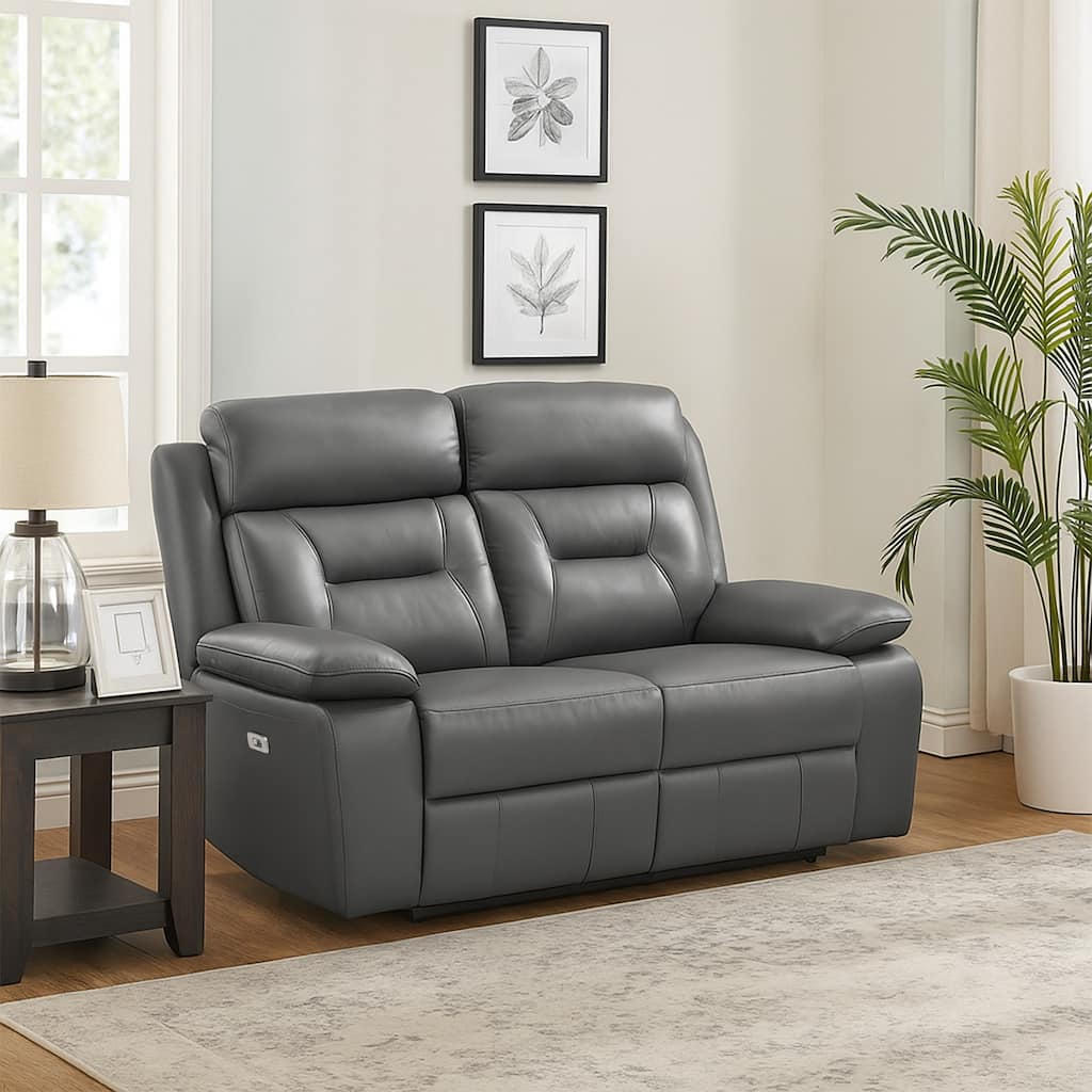 Conia Power Double Recliner Loveseat, Dark Gray Leather, USB, 63 Inch