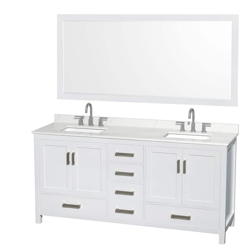 Sheffield 72-inch Double Vanity, 3 Hole Quartz Top, 70-inch Mirror - White, Chrome Trim, Giotto Quartz Top