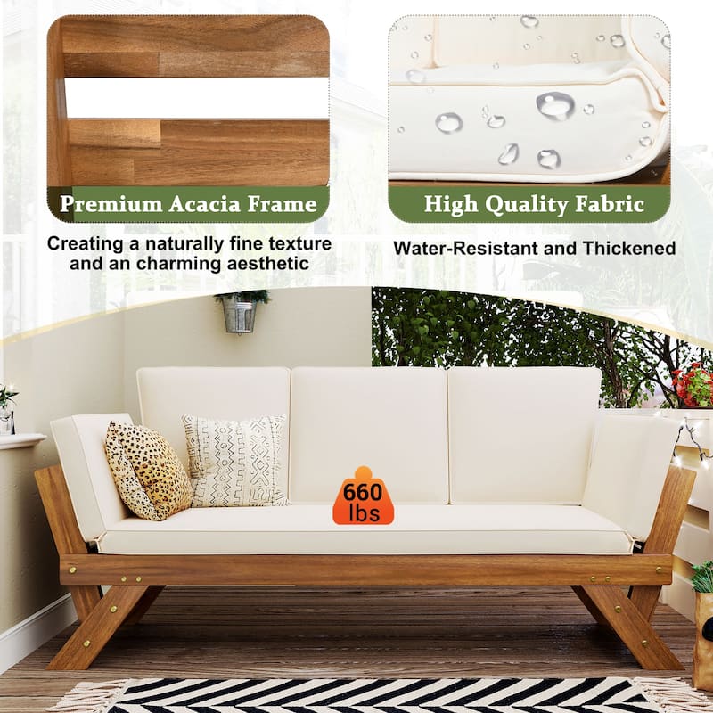 Outdoor Adjustable Patio Wooden Daybed Sofa Chaise Lounge with Cushions for Small Places, Natural Finish+Beige Cushion