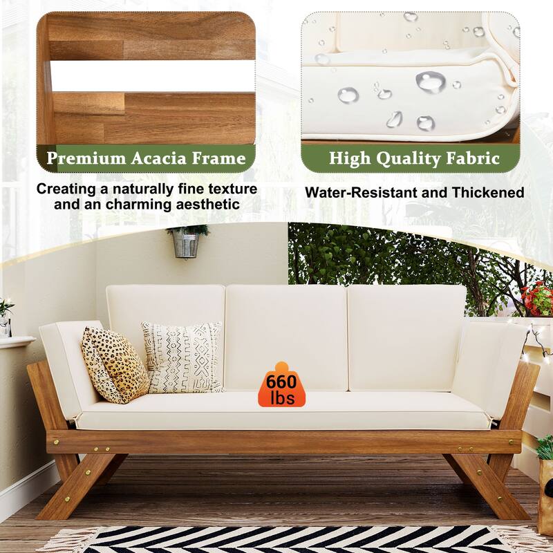 Outdoor Patio Solid Wood Daybed Sofa with Adjustable Armrests