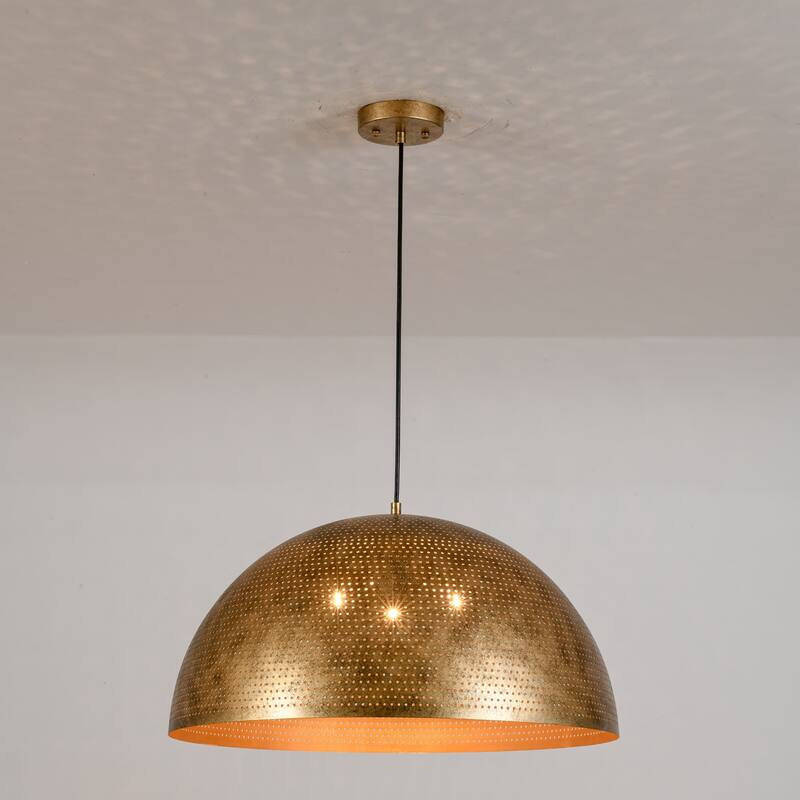 3-Light Industrial Metal Pendant Light with Perforated Dome Shade for Kitchen - 23.6 in. W x 12.6 in. H - Gold
