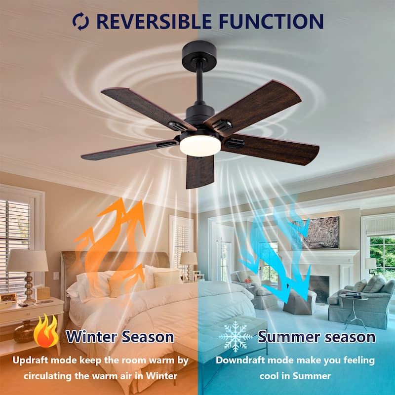 Smart 42" Indoor/Outdoor Ceiling Fan with Light, Dual Finish Black/Walnut 6-Blade, Remote Control, Dimmable LED
