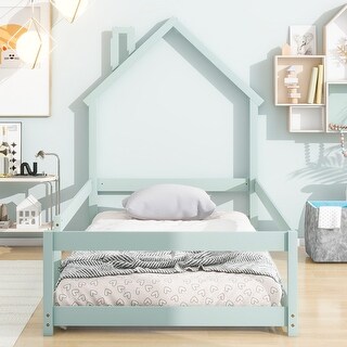 Twin Size Wood Floor Bed with House-Shaped Headboard and Guardrails, Light Green