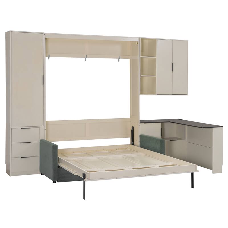 Queen Size Murphy Bed with Sofa, Space Saving Wall Bed with Desk Storage Shelves and Drawers for Home Office Pull Down Bed