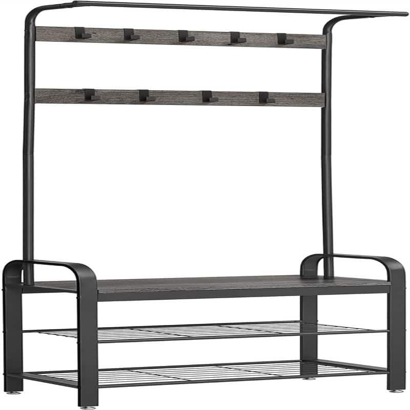 Entryway Bench with Coat Rack - Charcoal Gray + Black