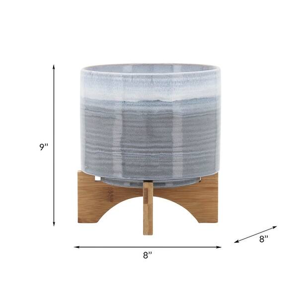Ceramic Planter on Wood Stand - Indoor/Outdoor Decorative Pot