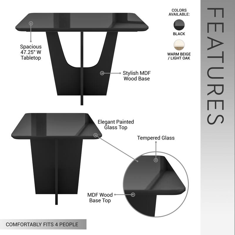 Compact 4 Seater Italian Dining Table with Painted Glass Top and Wooden Base, Black