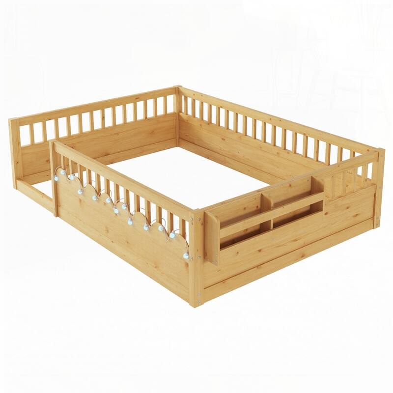 Montessori Floor Bed Frame with with Light and Storage Shelf