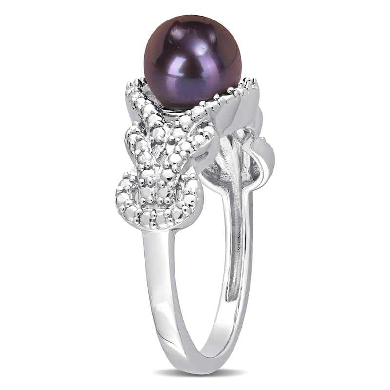 Miadora 7-7.5mm Black Cultured Freshwater Pearl and Diamond Accent Criss-Cross Ring in Sterling Silver