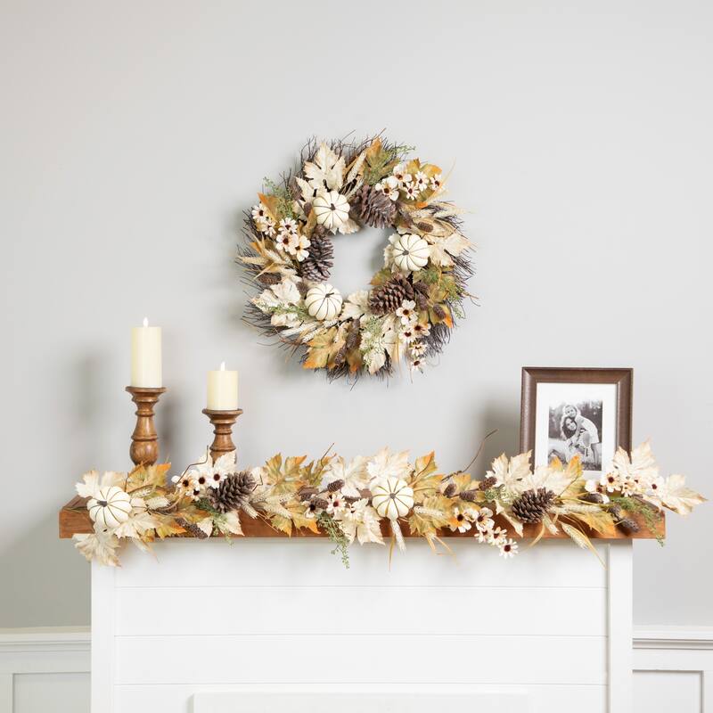 Pumpkin Wheat and Pinecone Artificial Floral Fall Harvest Wreath - 24"