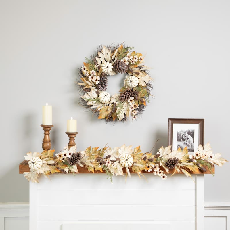 Pumpkin and Pinecone Fall Harvest Artificial Wreath - 24" - Unlit