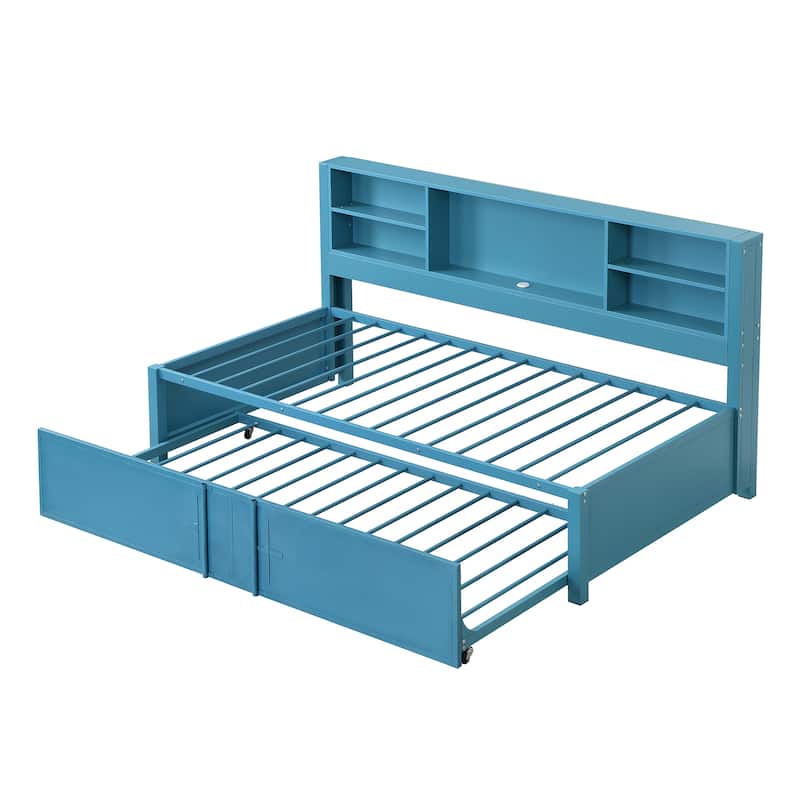 Roomfitters Twin Metal Daybed with Trundle, USB Charging Ports and Integrated Storage Shelves