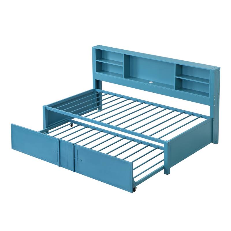 Twin Size Daybed Frame with Trundle - Metal - Blue