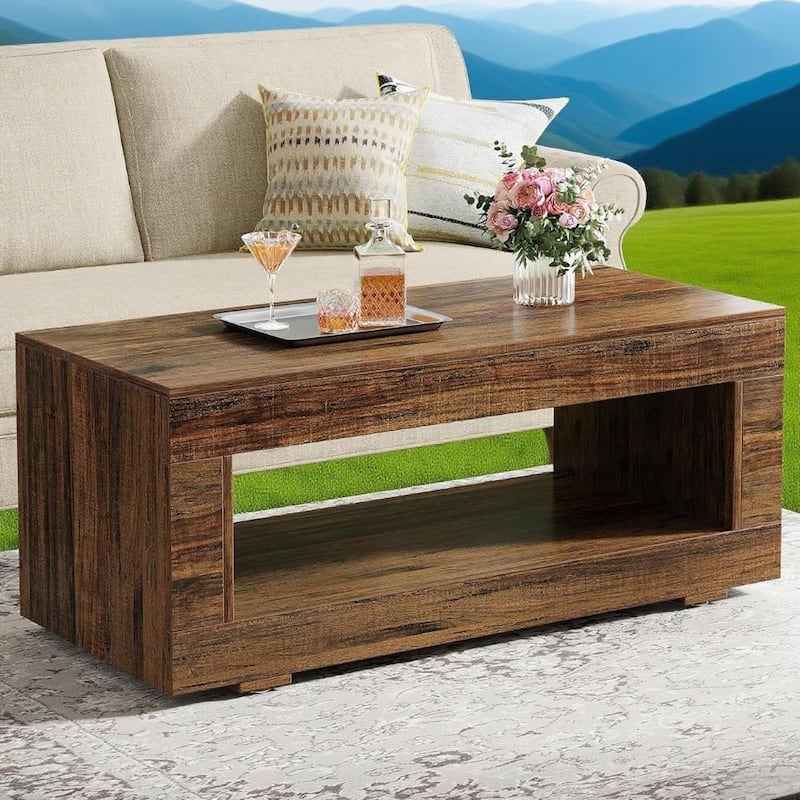 Brown Rectangular Coffee Table with Open Shelf and Smooth Wood Finish for Living Room or Office - 43.31" x 19.69"
