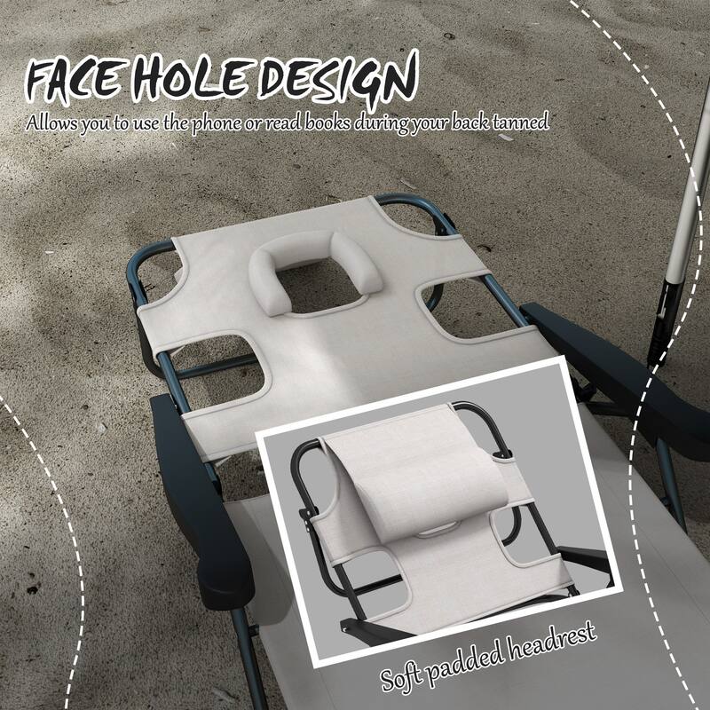 Folding sun loungers with face holes, arm slots and pillows