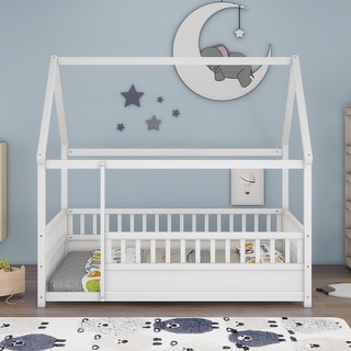 Full Size Floor Bed Wooden House-shaped Bed Frame with Fence Guardrails & Roof, Full Size Montessori Bed for Kids Boys Girls