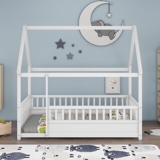 Full Size House Frame Floor Bed with Fence and Roof Design - Stylish, Imaginative Sleeping Space