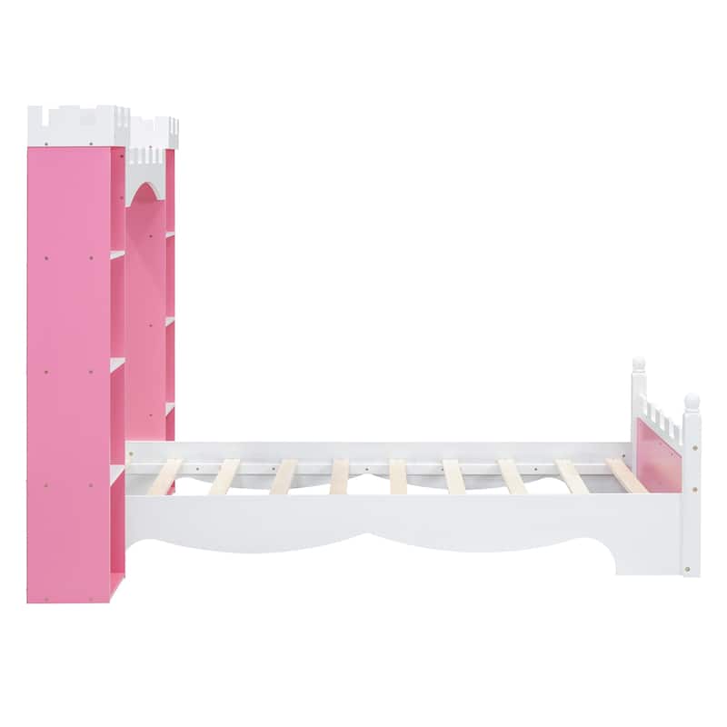 Castle-Shaped Wooden Bed with Storage Shelf, Dreamy Twin Size Platform Bed for Kids Bedroom
