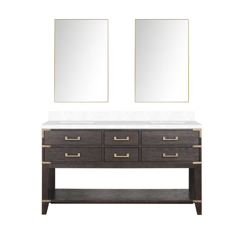 Norwalk 60 in W x 22 in D Black Oak Double Bath Vanity, White Quartz Top, and 28 in Mirrors
