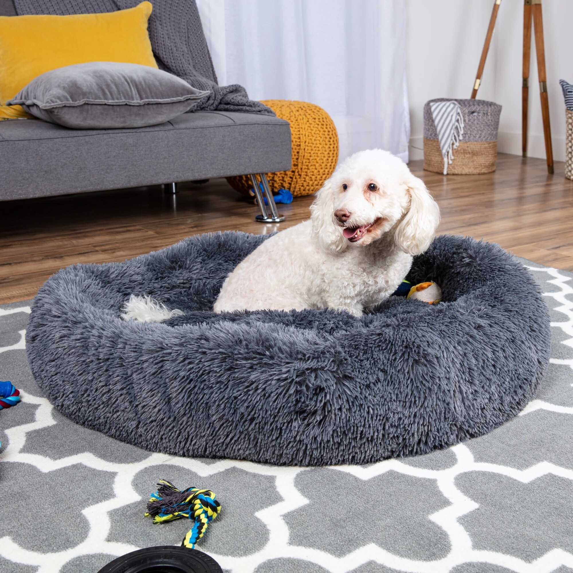 Self Warming Shag Calming Pet Bed w Water Resistant Lining Gray