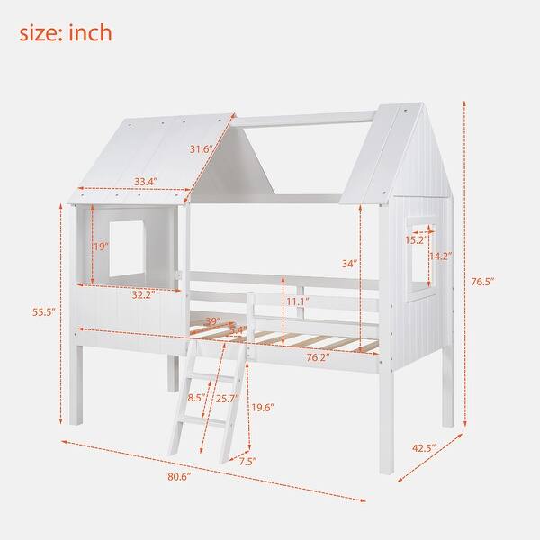 Twin Size Low Loft Wood House Bed with Two Side Windows - Bed Bath ...