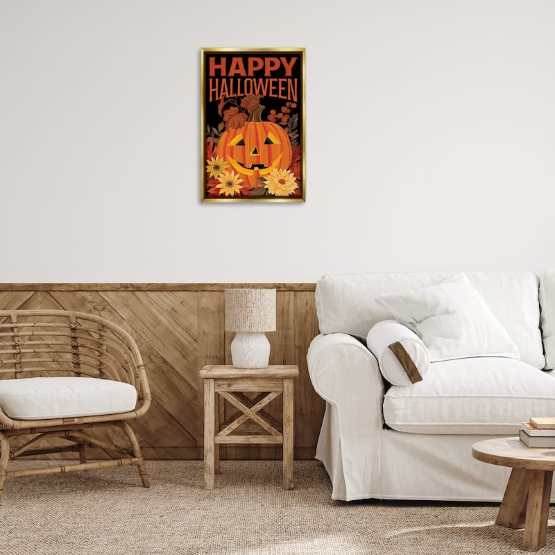 Stupell Happy Halloween Floral Pumpkin Framed Floater Canvas Wall Art Design By Cat Thurman Designs