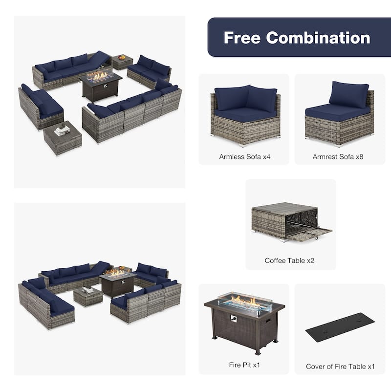 12-Person Patio Conversation Set with Fire Pit Table, All-Weather Wicker Outdoor Furniture