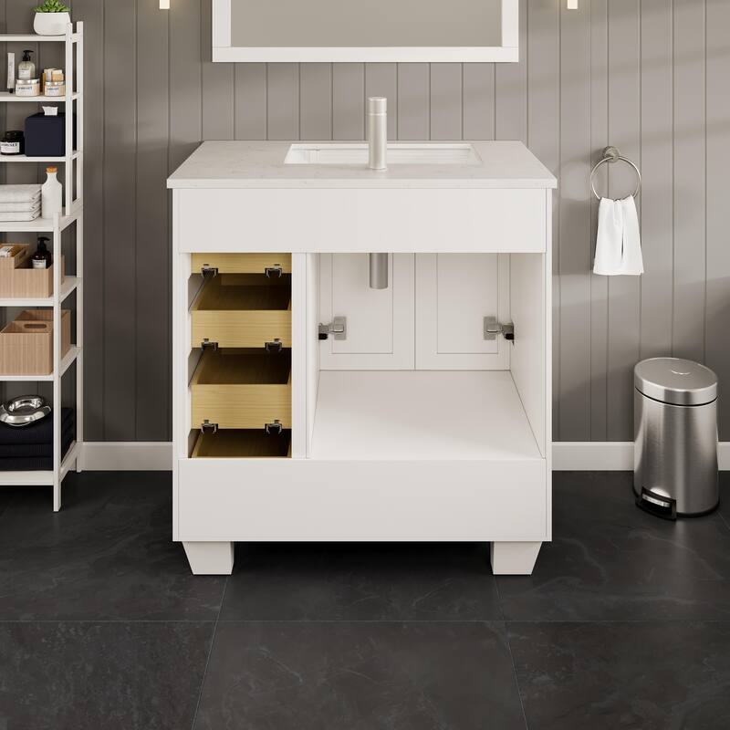 Eviva Loon 30"W x 22"D White Bathroom Vanity with White Carrara Quartz Vanity Top and Rectangular Undermount Sink
