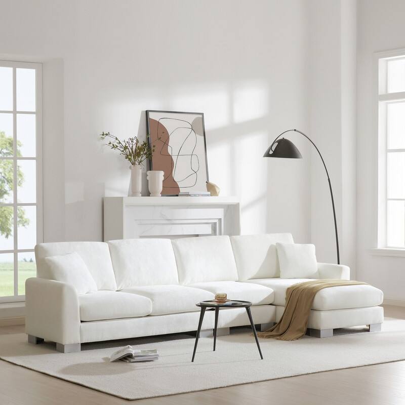 Modern Oversized Long Couch with 2 Pillows, L-shaped Sectional Sofa with with Chaise Lounge