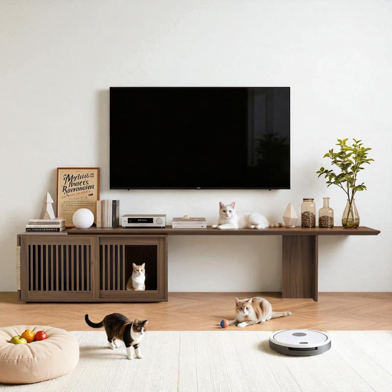 78-110" Extendable Mid-Century TV Stand for TVs up to 100", Walnut Media Console with Cat Scratcher and Storage