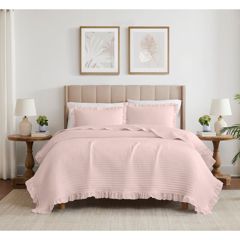 Carla Stripe Fringe Farmhouse Quilt Set - Rose - King
